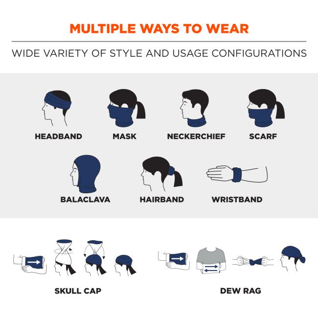 Multiple ways to wear: Wide variety of style and usage configurations. Icons show multi-band being worn as headband, mask, neckerchief, scarf, balaclava, hairband, wristband, skull cap, and dew rag