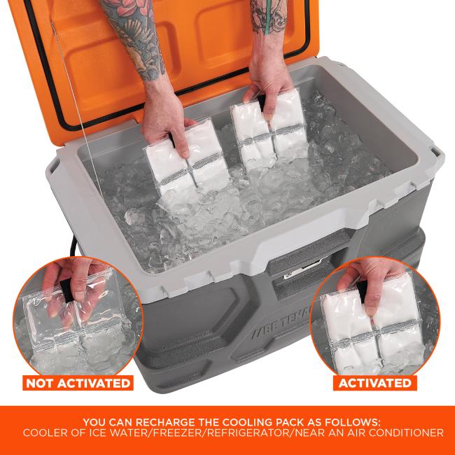  Packs start as clear but turn white when activated. You can recharge the cooling pack by placing in a cooler of ice water, in the freezer or refrigerator, and near an air conditioner.