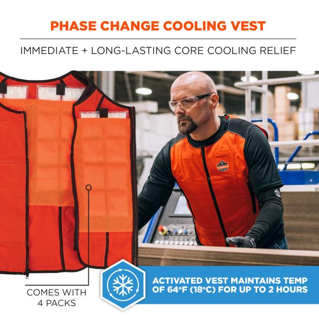  Phase change cooling vest: immediate and long-lasting core cooling relief. Comes with 4 packs. Activated vest maintains temp of 64 degrees Fahrenheit or 18 degrees Celsius for up to 2 hours. 