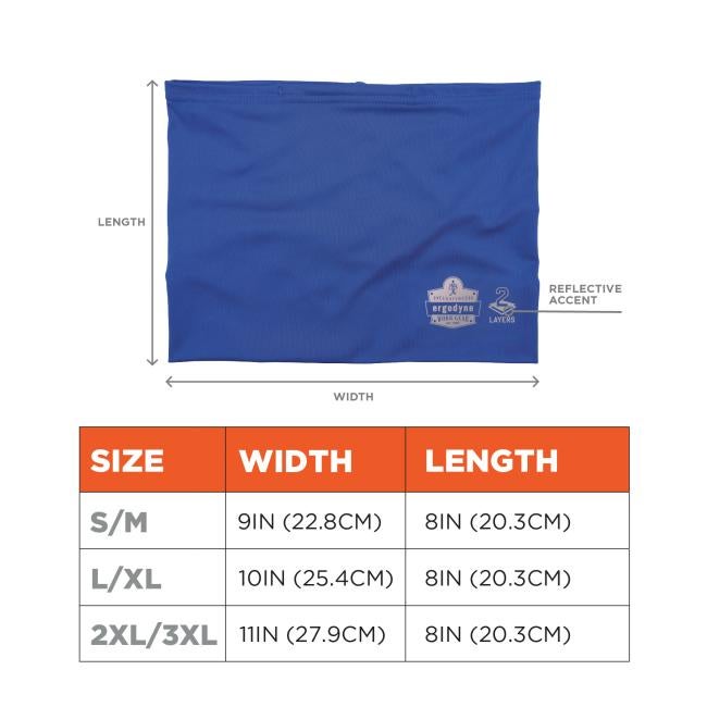Size chart: size S/M is 9in(22.8cm)x8in(22.8cm) and size L/XL is 10in(25.4cm)x8in(22.8cm). Size 2xl/3xl is 11 inches (27.9cm) and 8 inches (20.3cm). Arrow pointing to reflective accent.