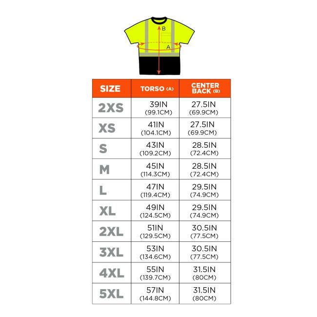 Size chart. 2XS (XXS) has a torso measurement of 39 inches (99.1 cm) and a center back measurement of 27.5 inches (69.9 cm). Extra small (XS) has a torso measurement of 41 inches (104.1 cm) and a center back measurement of 27.5 inches (69.9 cm). Small (S) has a torso measurement of 43 inches (109.2 cm) and a center back measurement of 28.5 inches (72.4 cm). Medium (M) has a torso measurement of 45 inches (114.3 cm) and a center back measurement of 28.5 inches (72.4 cm). Large (L) has a torso measurement of 