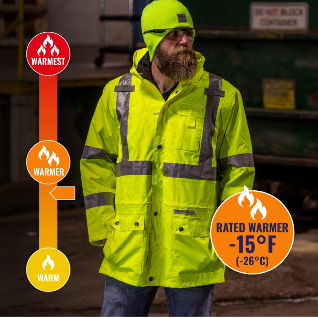 Jacket is rated warmer to -15 degrees fahrenheit or -26 degrees celsius