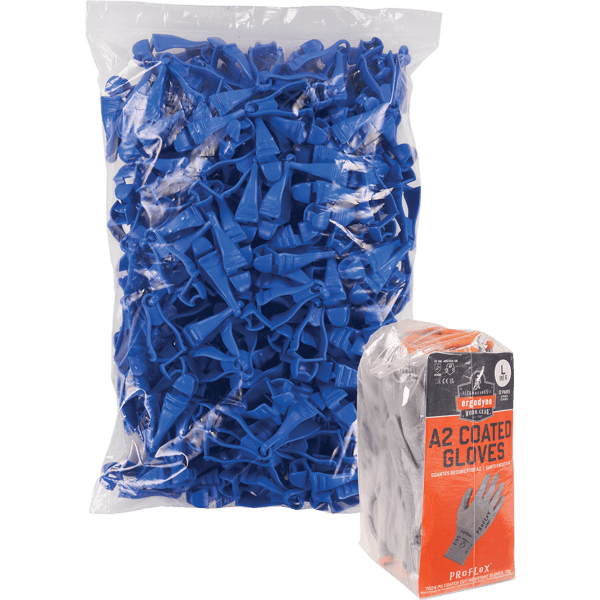 Large bag filled with blue Squids 3400 Glove Grabbers next to a packaged pair of Ergodyne A2 coated work gloves displaying product branding, sizing, and safety certification information.